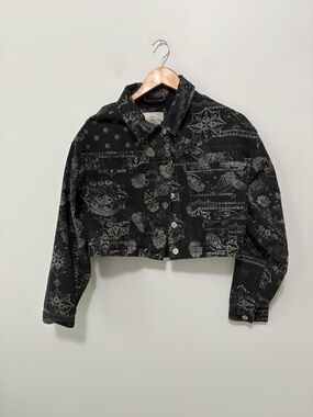 Ashley Vintage Charm Western Cropped Black Bandana Paisley Print Denim Jacket